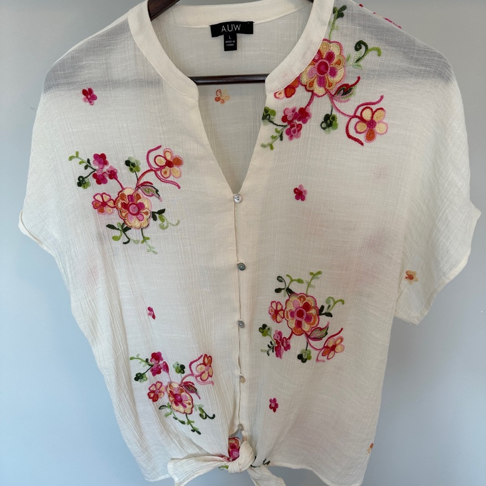 AUW Women's Tie Front Shirt with Pink Floral Embroidery